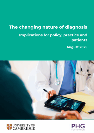 Cover of the changing nature of diagnosis report, with image of clinician, patient and results on a tablet