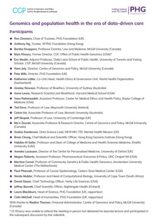 List of participants at the Ayer's Cliff summit to discuss genomics and population health in the era of data-driven care